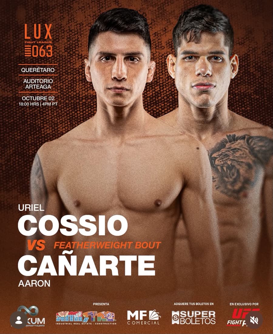 Cartel oficial LUX 063: Uriel Cossio vs Aaron Cañarte, 2 de octubre, Auditorio Arteaga, Querétaro